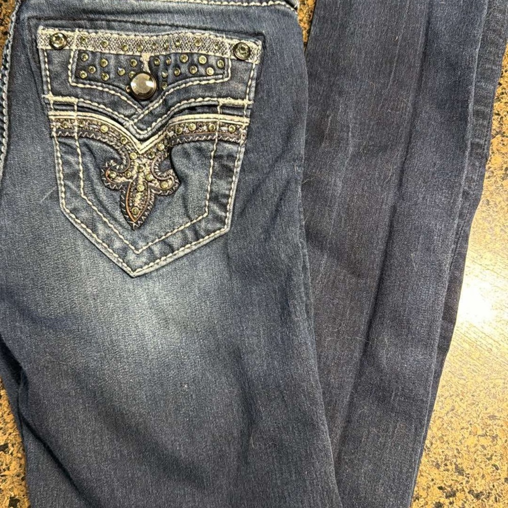 Rock Revival Dark Blue Skinny Jeans with Embellished Pockets